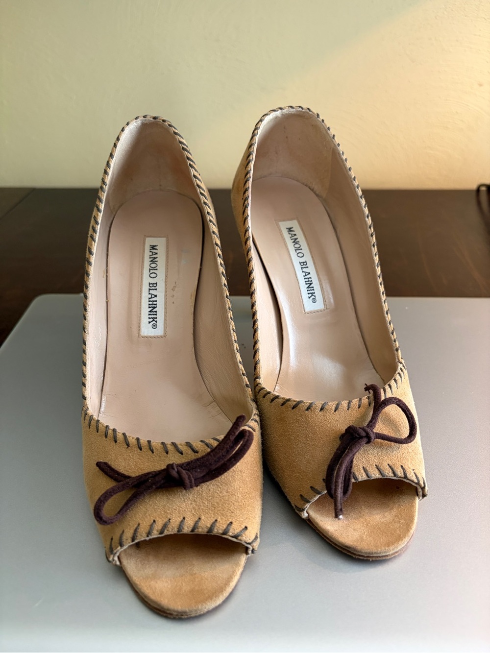Manolo Blahnik Tan Suede Peep-Toe Pumps with Brown Bow Trim